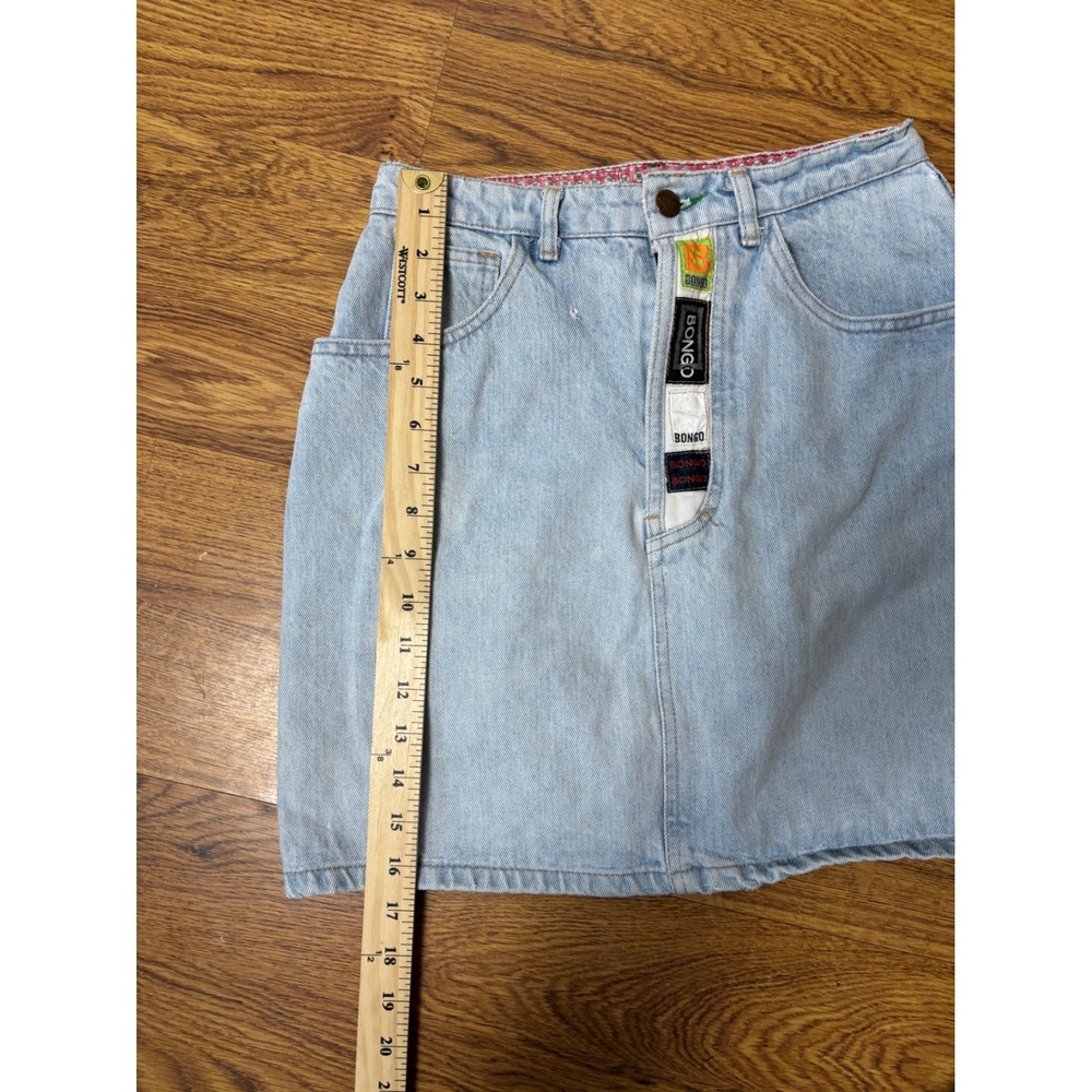 Vintage Bongo Denim Mini Skirt Light Wash High Waisted Logo Tape USA Made - Picture 6 of 7